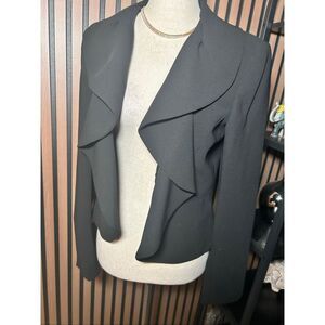 Kasper Womens Blazer Black Ruffle Open Front Size 8 Long Sleeve Business Attire